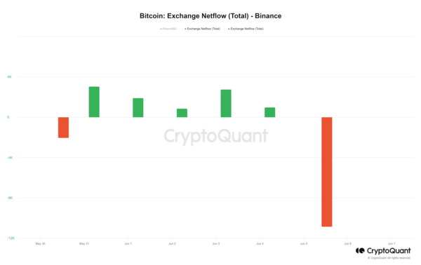 바이낸스의 BTC(비트코인) 순입출금(netflow) 추이. 출처=크립토퀀트